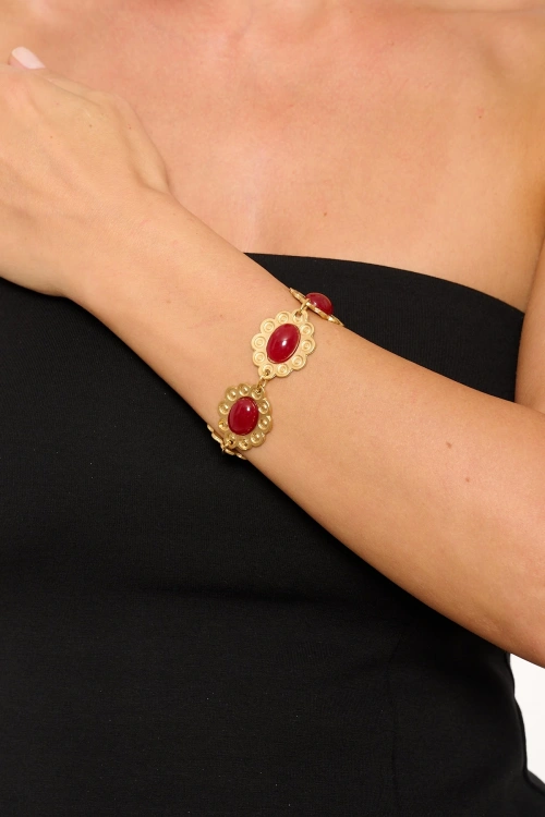 Kiraz Burgundy Stoned Gold Plated Bracelet