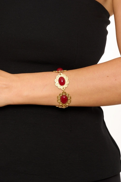 Kiraz Burgundy Stoned Gold Plated Bracelet
