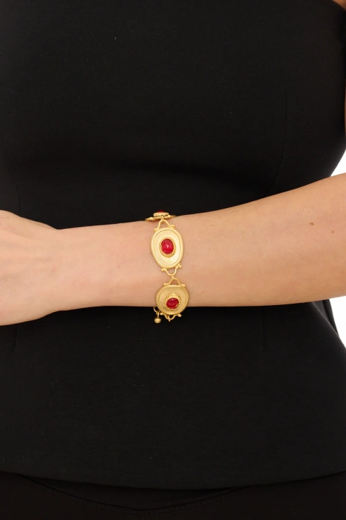 Kiraz Burgundy Stoned Gold Plated Bracelet