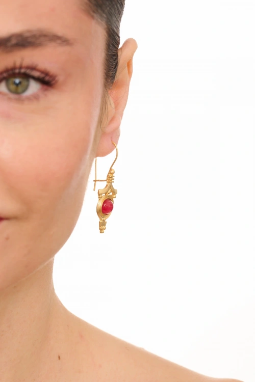Kiraz Burgundy Stoned Gold Plated Earring