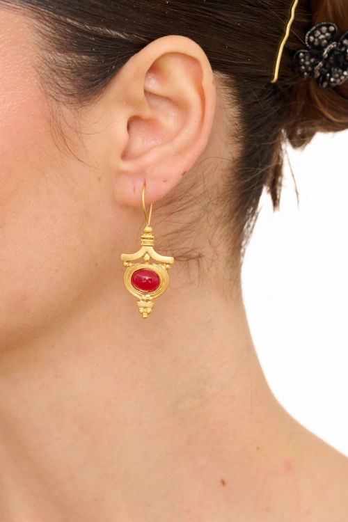Kiraz Burgundy Stoned Gold Plated Earring