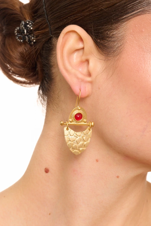 Kiraz Burgundy Stoned Gold Plated Earring