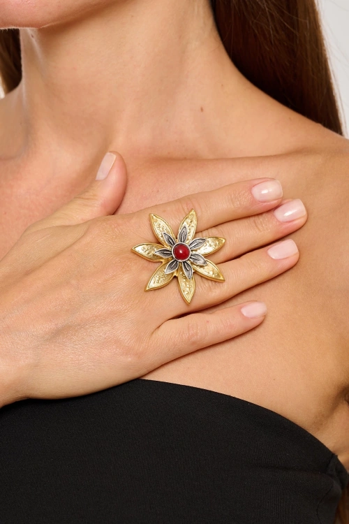 Kiraz Burgundy Stoned Gold Plated Flower Ring