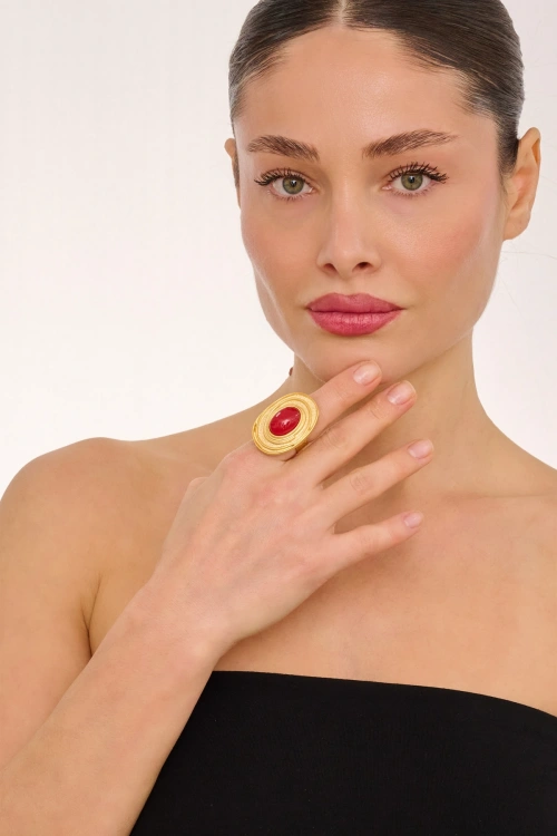 Kiraz Burgundy Stoned Gold Plated Ring