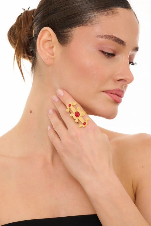 Kiraz Burgundy Stoned Gold Plated Ring