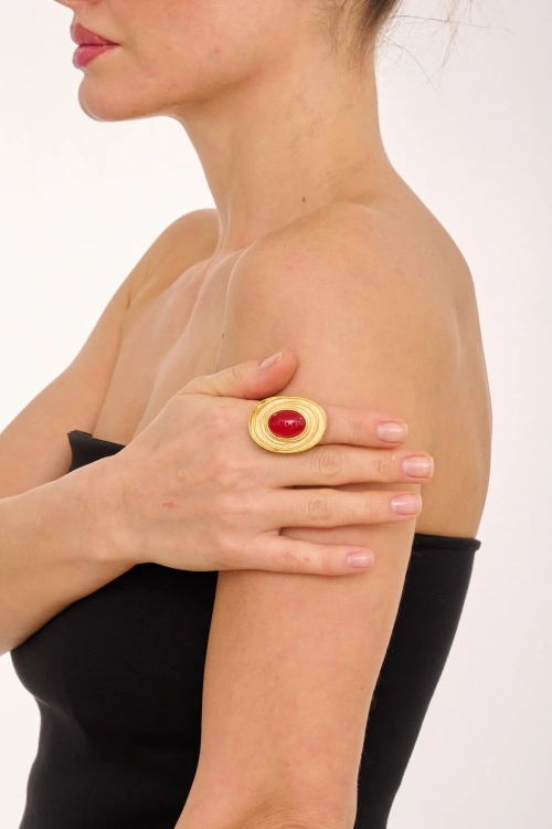 Kiraz Burgundy Stoned Gold Plated Ring