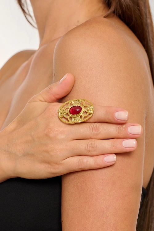 Kiraz Burgundy Stoned Gold Plated Ring