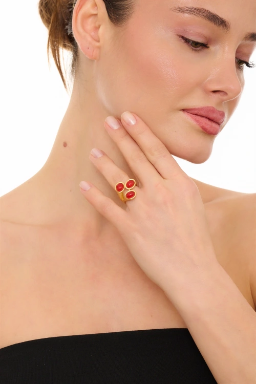 Kiraz Burgundy Stoned Gold Plated Ring