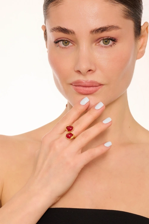 Kiraz Burgundy Stoned Gold Plated Ring