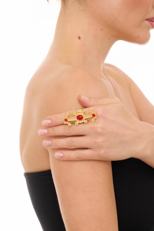 Kiraz Burgundy Stoned Gold Plated Ring