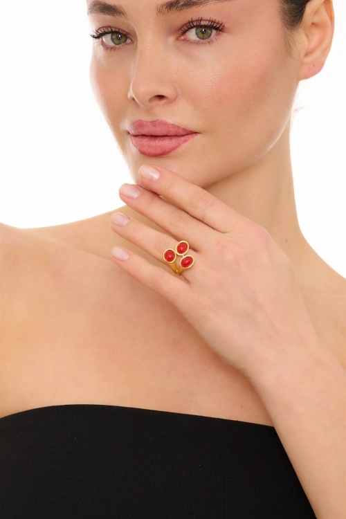 Kiraz Burgundy Stoned Gold Plated Ring