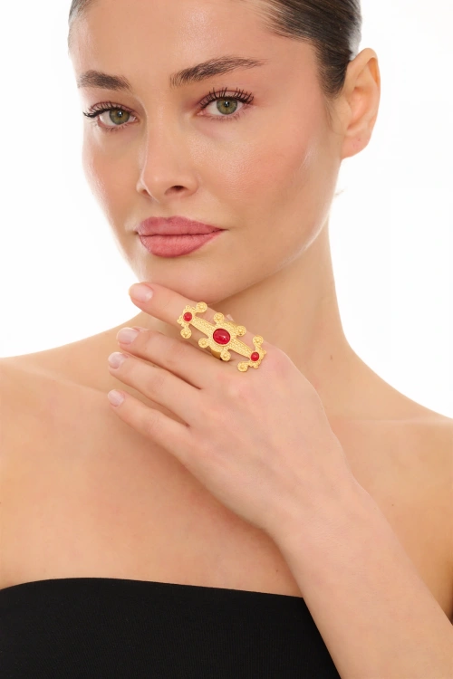 Kiraz Burgundy Stoned Gold Plated Ring