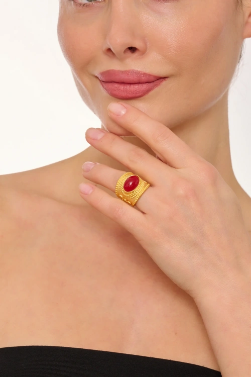 Kiraz Burgundy Stoned Gold Plated Ring
