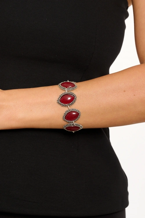 Kiraz Burgundy Stoned Silver Plated Almond Bracelet