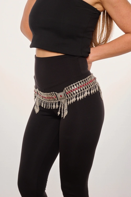 Kiraz Burgundy Stoned Silver Plated Belt