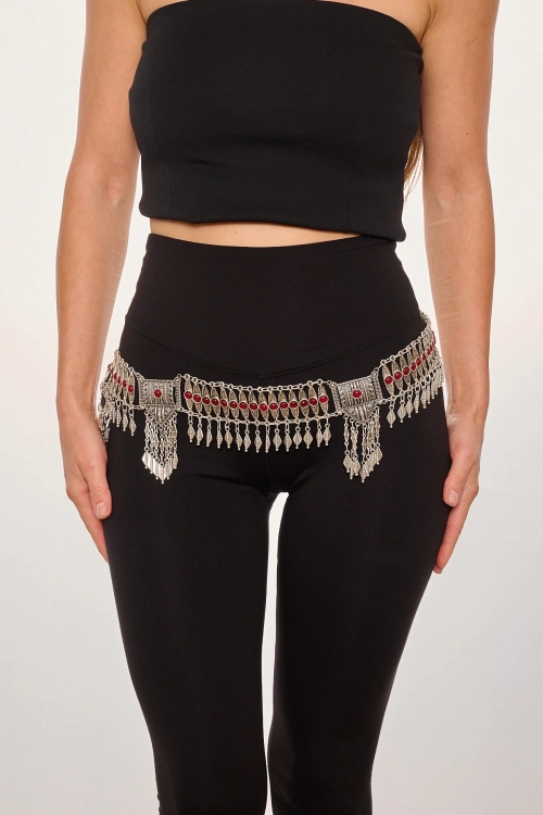 Kiraz Burgundy Stoned Silver Plated Belt