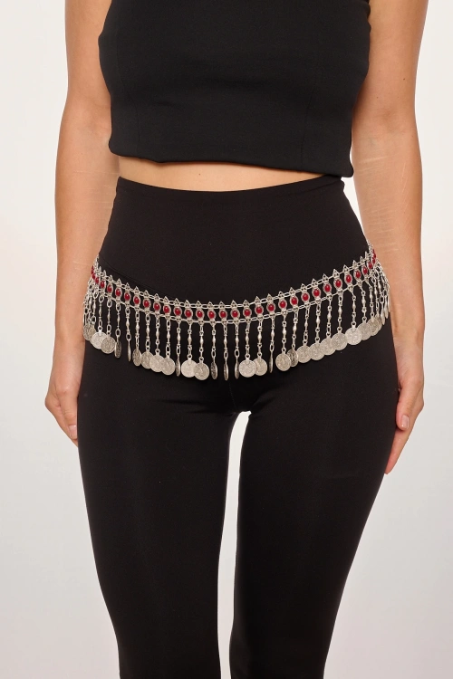 Kiraz Burgundy Stoned Silver Plated Belt