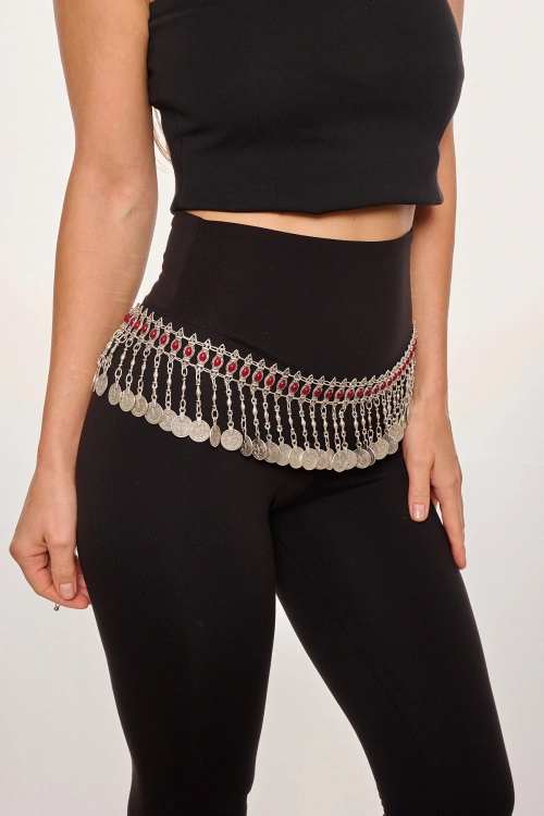 Kiraz Burgundy Stoned Silver Plated Belt