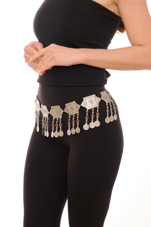 Kiraz Burgundy Stoned Silver Plated Belt