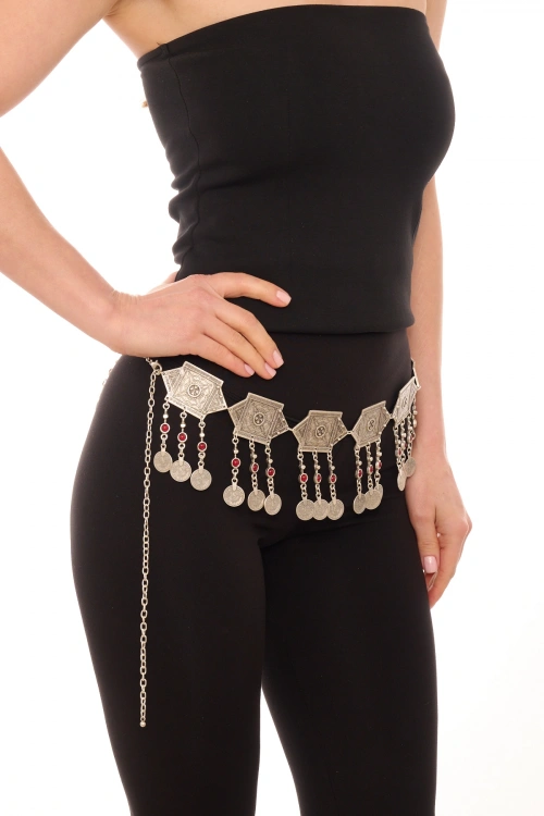 Kiraz Burgundy Stoned Silver Plated Belt