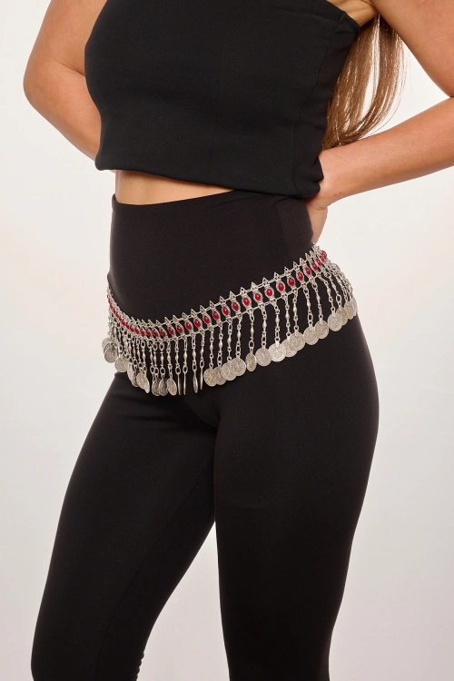 Kiraz Burgundy Stoned Silver Plated Belt