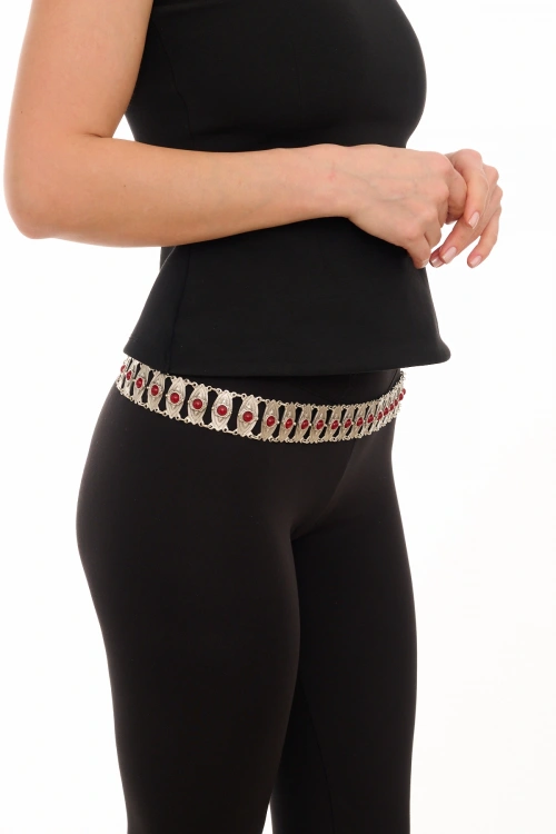 Kiraz Burgundy Stoned Silver Plated Belt
