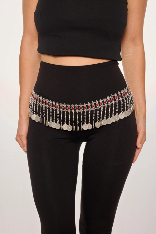 Kiraz Burgundy Stoned Silver Plated Belt