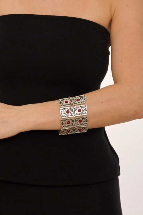 Kiraz Burgundy Stoned Silver Plated Bracelet