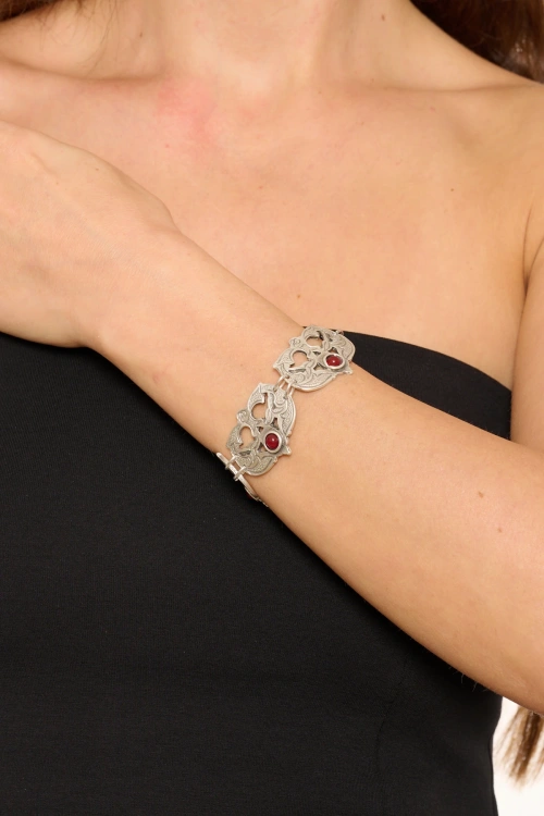 Kiraz Burgundy Stoned Silver Plated Bracelet