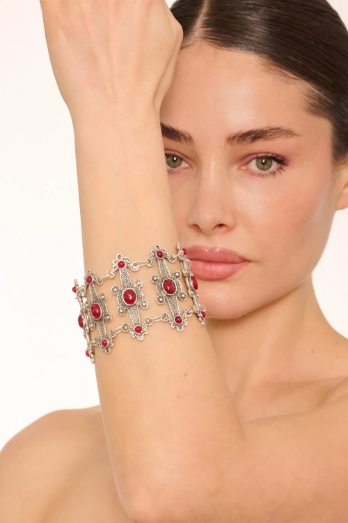 Kiraz Burgundy Stoned Silver Plated Bracelet