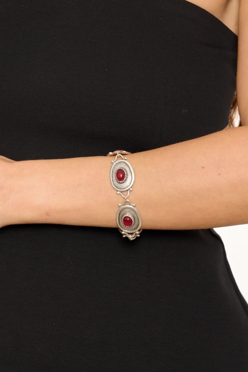Kiraz Burgundy Stoned Silver Plated Bracelet
