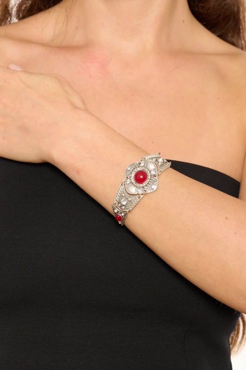 Kiraz Burgundy Stoned Silver Plated Bracelet