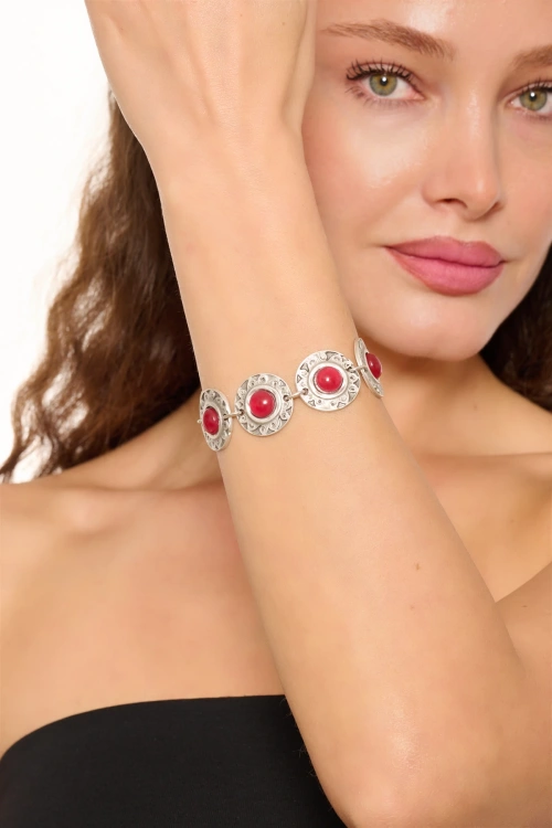 Kiraz Burgundy Stoned Silver Plated Bracelet