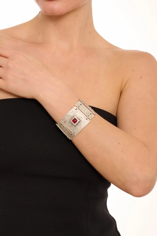 Kiraz Burgundy Stoned Silver Plated Bracelet