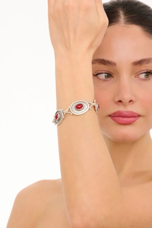 Kiraz Burgundy Stoned Silver Plated Bracelet