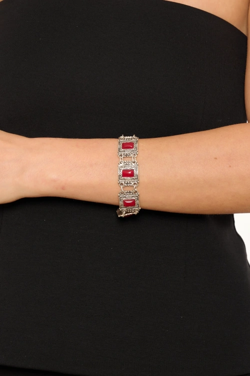 Kiraz Burgundy Stoned Silver Plated Bracelet