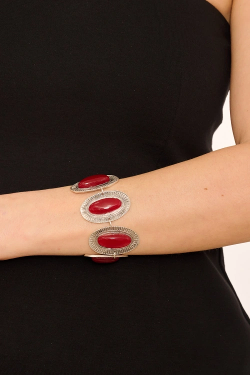 Kiraz Burgundy Stoned Silver Plated Bracelet