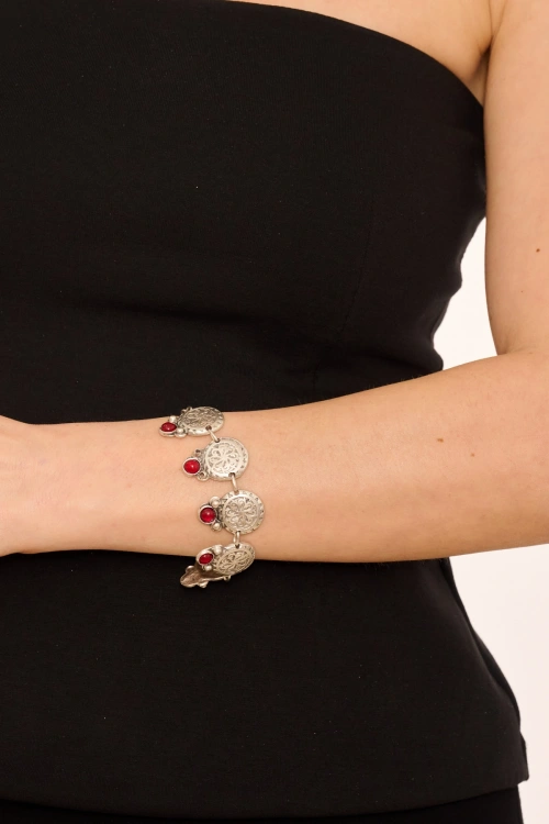 Kiraz Burgundy Stoned Silver Plated Bracelet