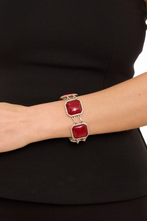 Kiraz Burgundy Stoned Silver Plated Bracelet