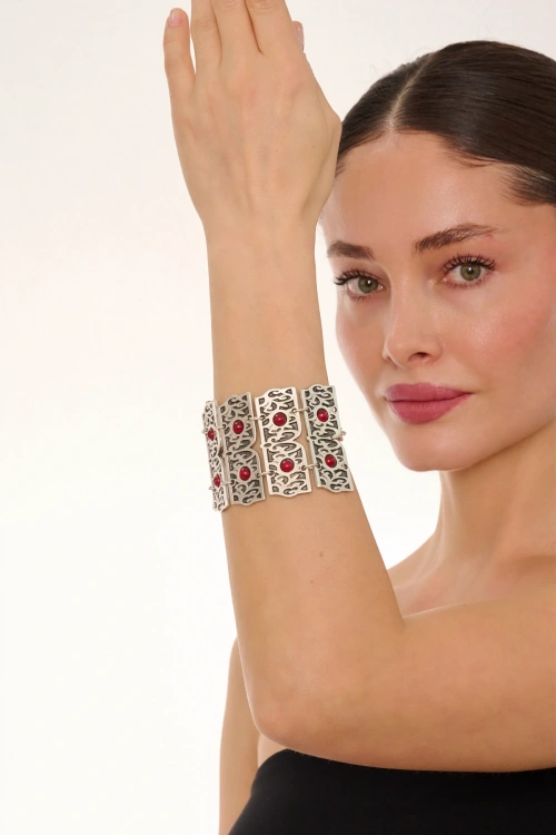 Kiraz Burgundy Stoned Silver Plated Bracelet