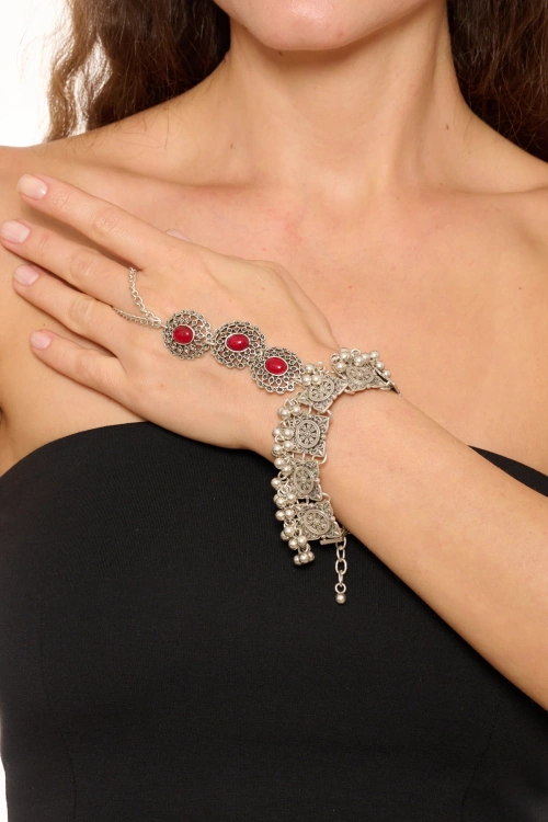 Kiraz Burgundy Stoned Silver Plated Shahmaran Bracelet