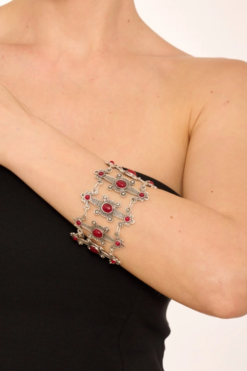 Kiraz Burgundy Stoned Silver Plated Bracelet