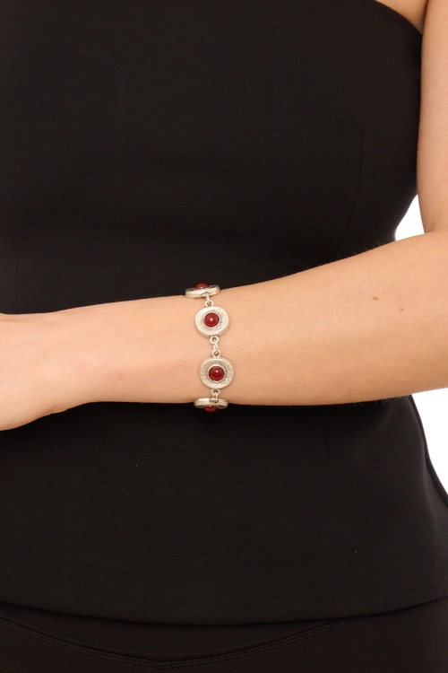 Kiraz Burgundy Stoned Silver Plated Bracelet