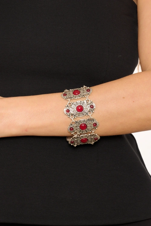 Kiraz Burgundy Stoned Silver Plated Bracelet