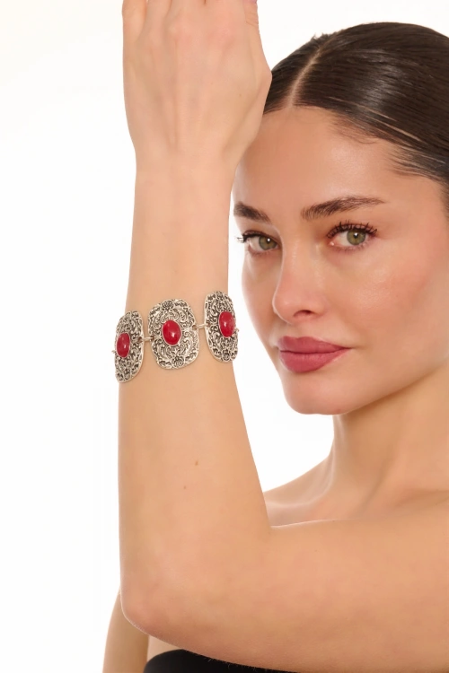 Kiraz Burgundy Stoned Silver Plated Bracelet