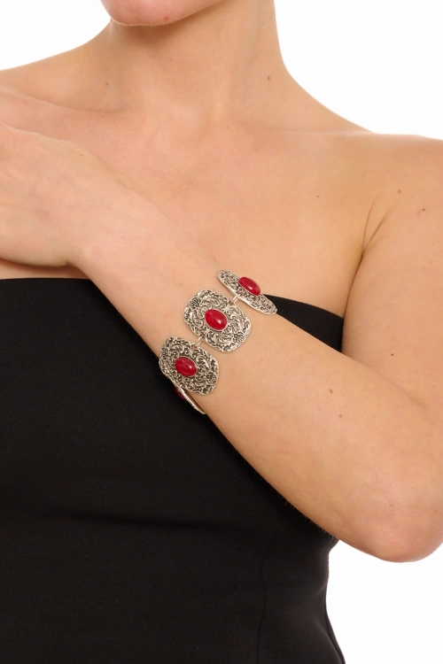 Kiraz Burgundy Stoned Silver Plated Bracelet