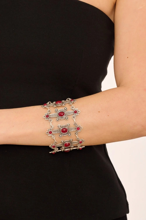 Kiraz Burgundy Stoned Silver Plated Bracelet