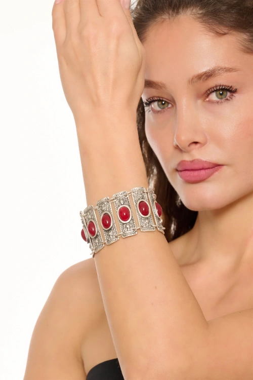 Kiraz Burgundy Stoned Silver Plated Bracelet