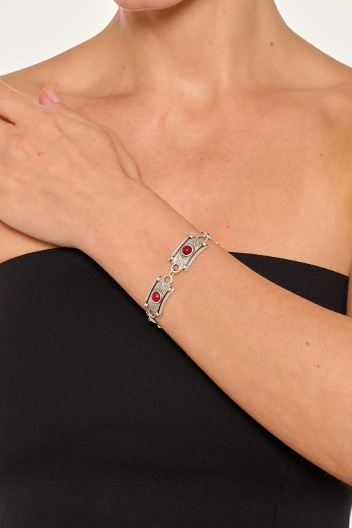 Kiraz Burgundy Stoned Silver Plated Bracelet