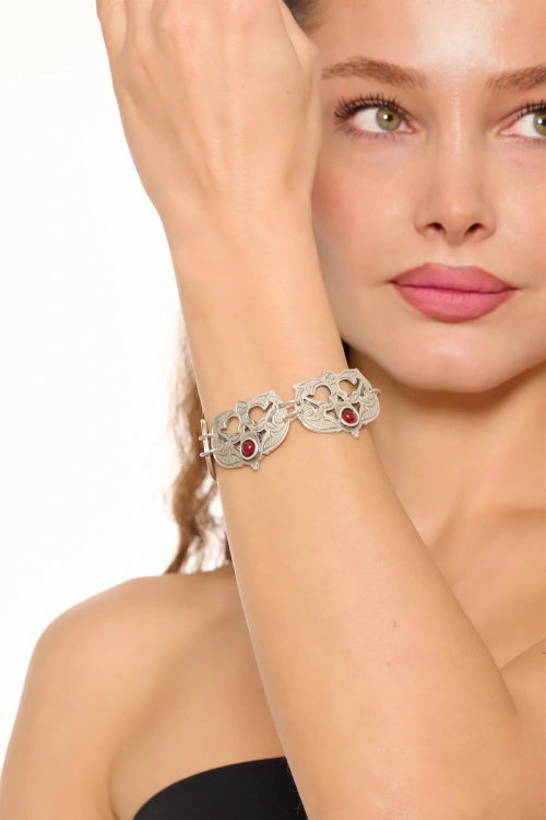 Kiraz Burgundy Stoned Silver Plated Bracelet
